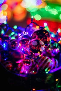 A collection of festive holiday décor items in vibrant colors.