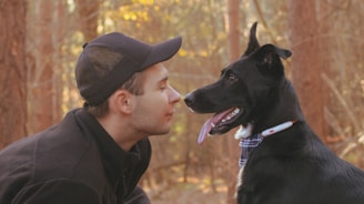 A person wearing a black cap and jacket leans close to a large black dog wearing a blue checkered bandana. They are outdoors in a forest setting with tall trees in the background, illuminated by warm sunlight shining through the leaves.