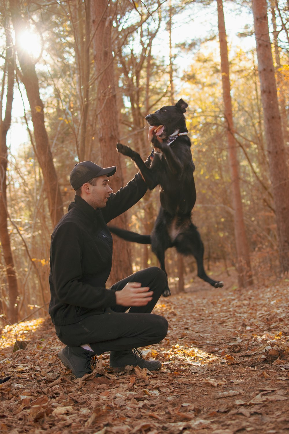 a man kneeling down next to a dog in the woods