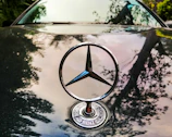 Mercedes emblem gleaming on a sleek black car hood.
