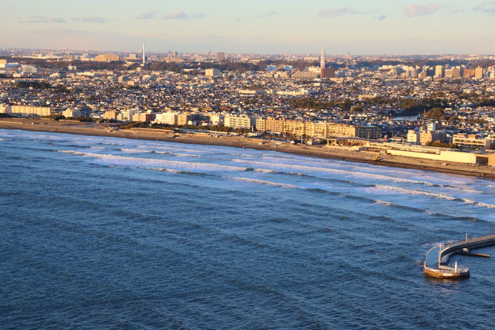 a large body of water with a city in the background