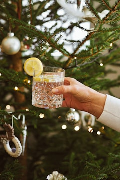 A hand holding a clear, intricately designed glass containing a beverage with lemon slices. The background features a decorated Christmas tree adorned with silver and white ornaments and fairy lights.