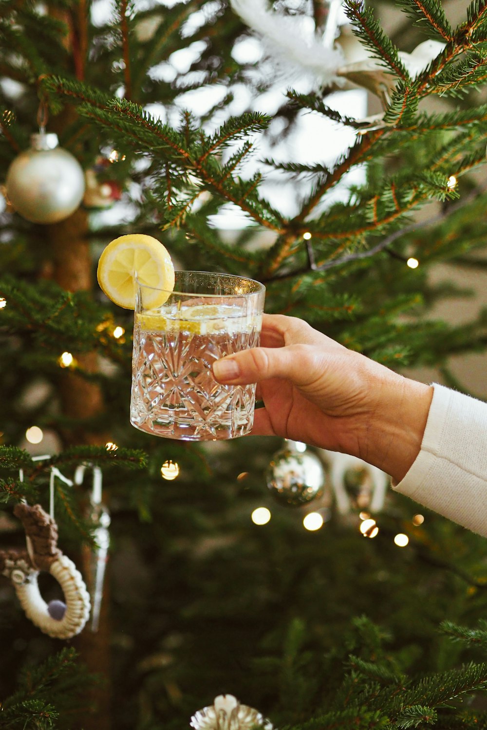 a person holding a glass with a lemon in it