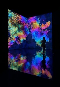 An immersive digital art installation features vibrant, swirling colors projected onto walls. A person stands in silhouette against this vivid backdrop, taking a photo or video. The floor reflects the colorful patterns, creating a mirrored effect.