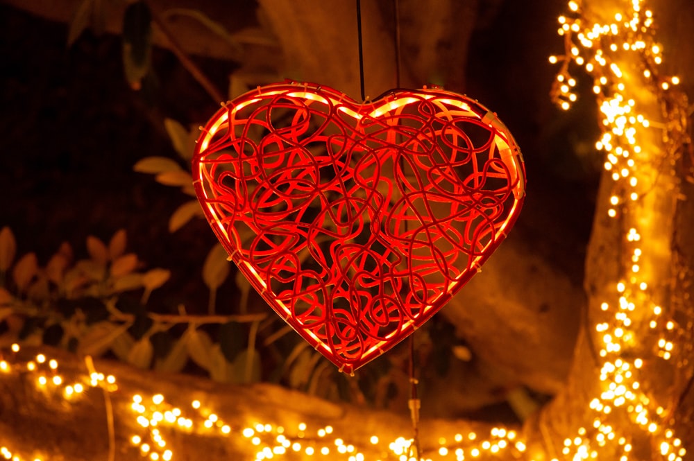 a heart shaped light hanging from a tree