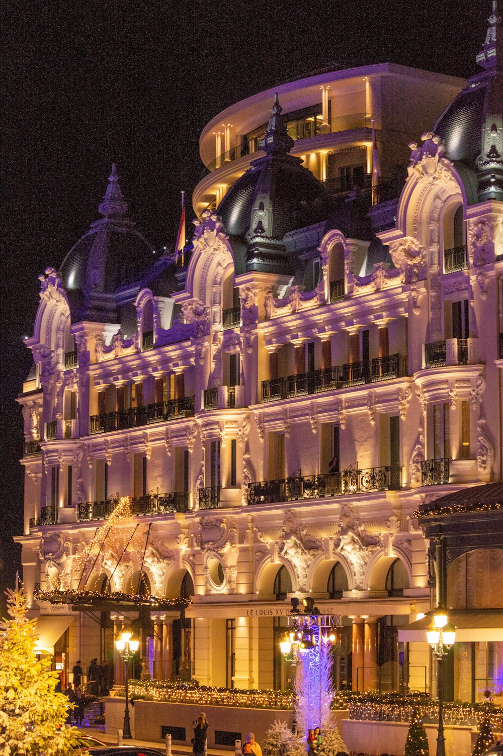 a large building lit up at night with a christmas tree in front of it