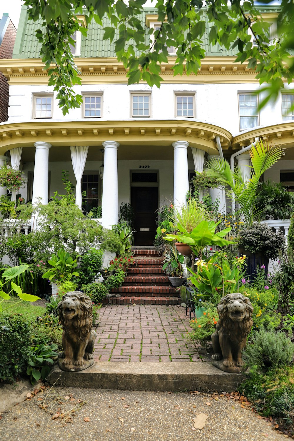 a large white house with a lot of plants in front of it