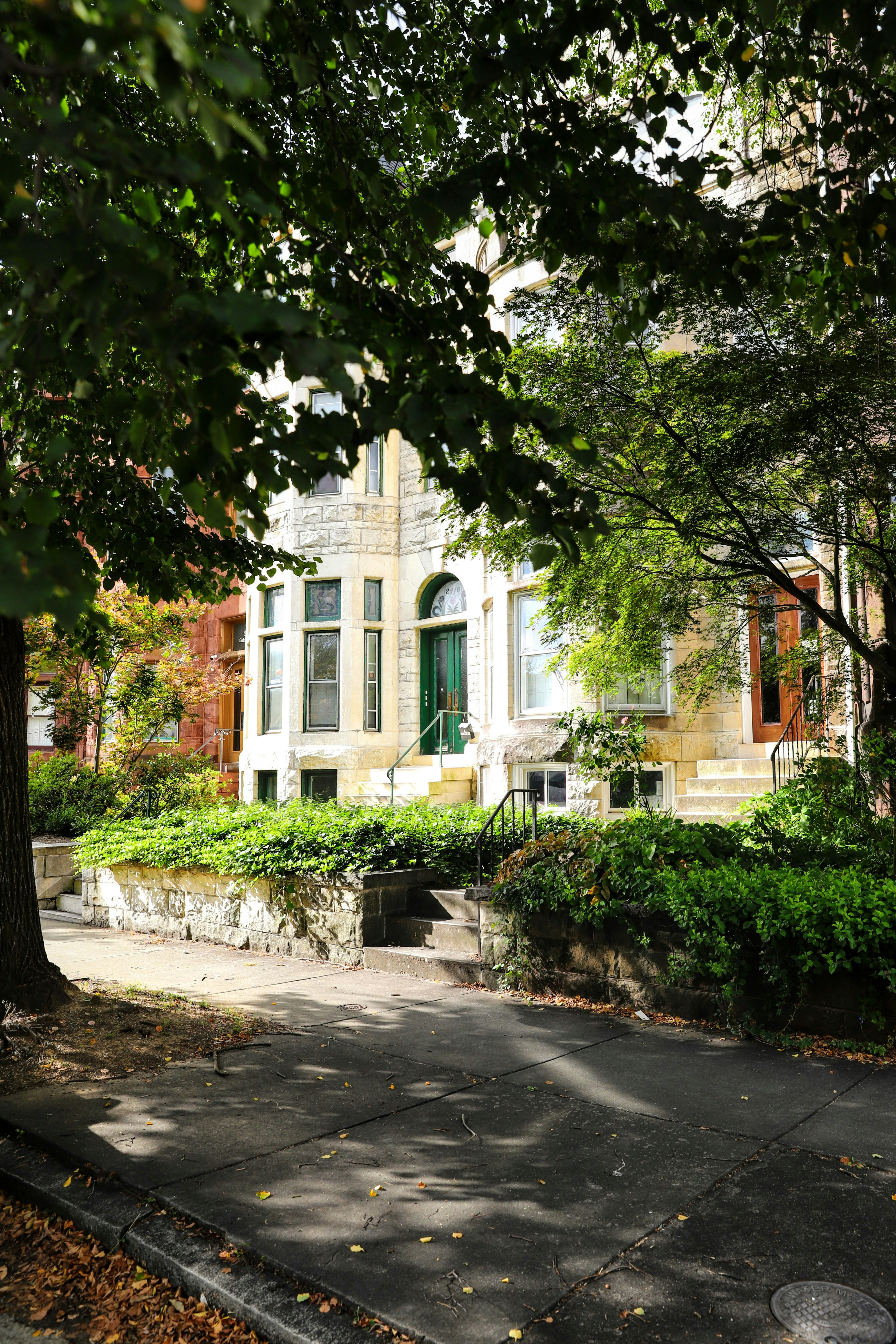 ein Gebäude mit einer grünen Tür und einem Baum davor