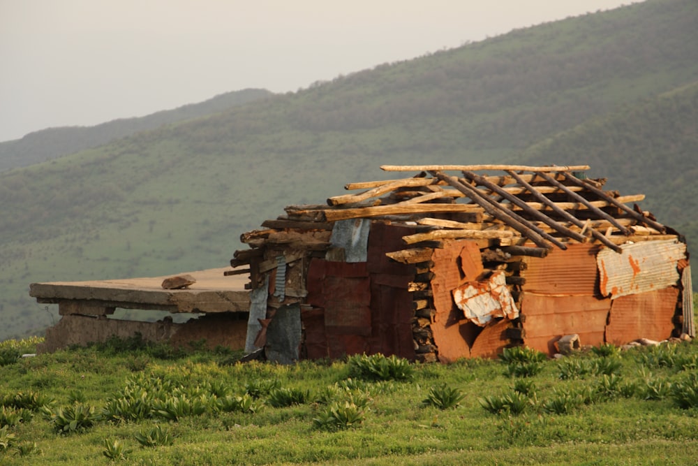 a wooden structure in a field with mountains in the background