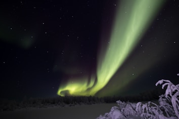 A mesmerizing display of the northern lights illuminates the night sky with vibrant green hues. The aurora borealis stretches across the horizon, casting a mystical glow over the snow-covered landscape below. Stars sprinkle the dark sky, adding to the enchanting atmosphere.