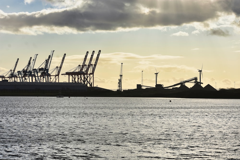 a large body of water with lots of cranes in the background