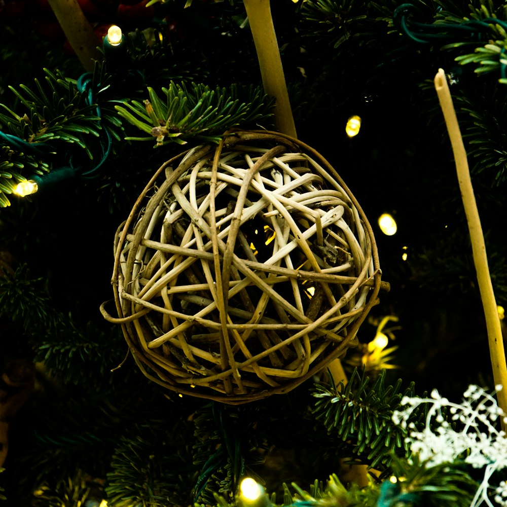 a close up of a christmas ornament on a tree