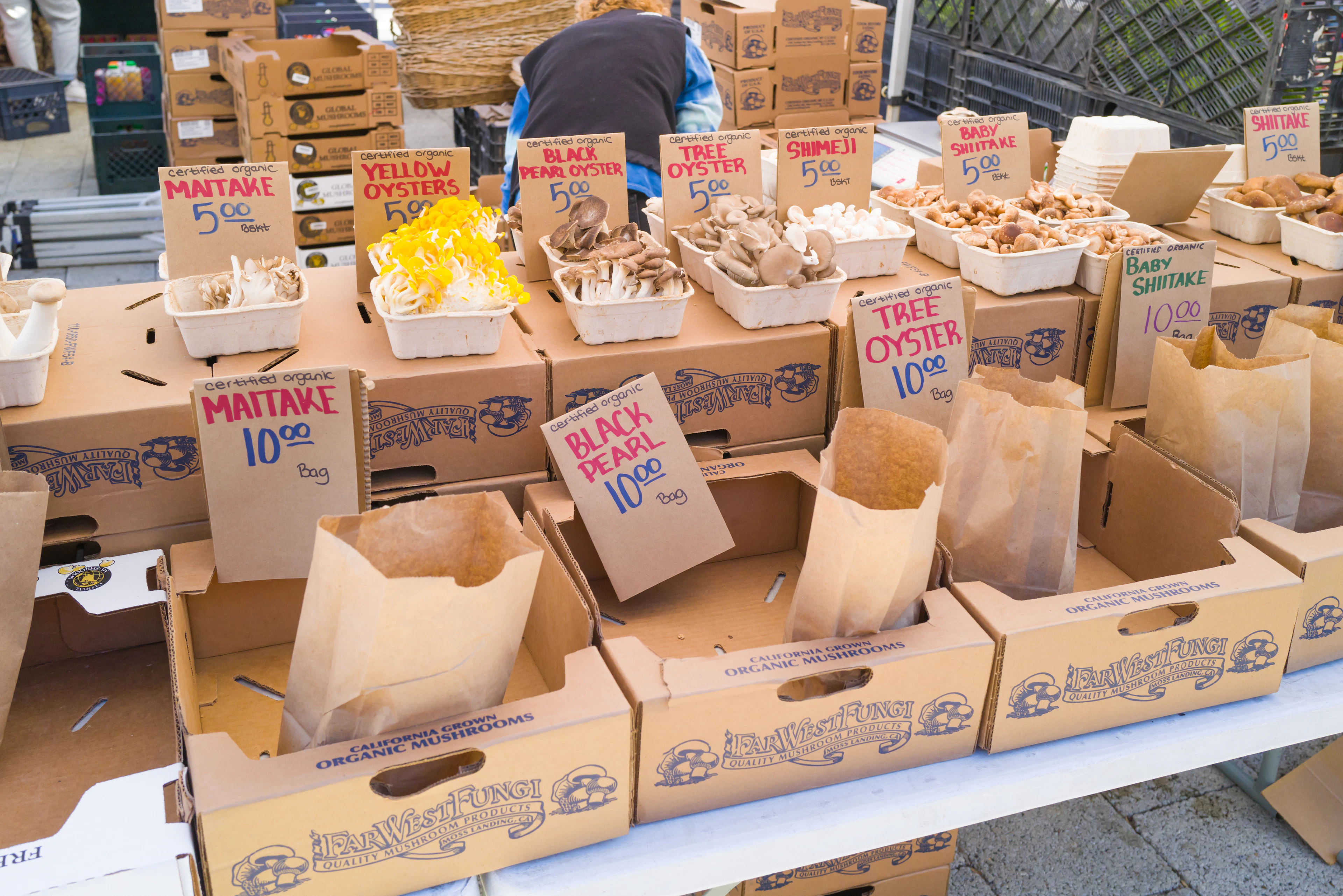 A mushroom grower's stall at a San Francisco farmers' market, punnets of yellow oyster, mattake, shimeji and shiitake mushrooms priced in hand-lettered signs above stacked cardboard crates
