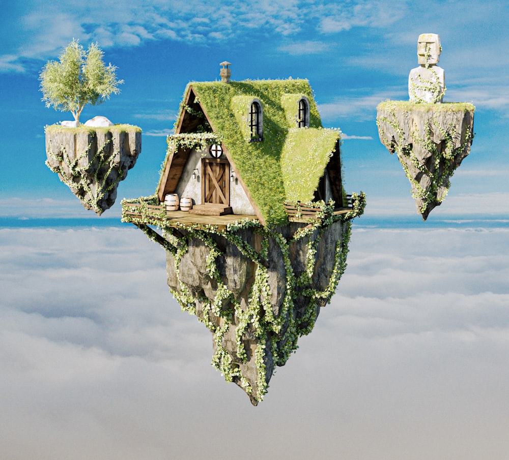 Une maison flottant dans les airs entourée de nuages