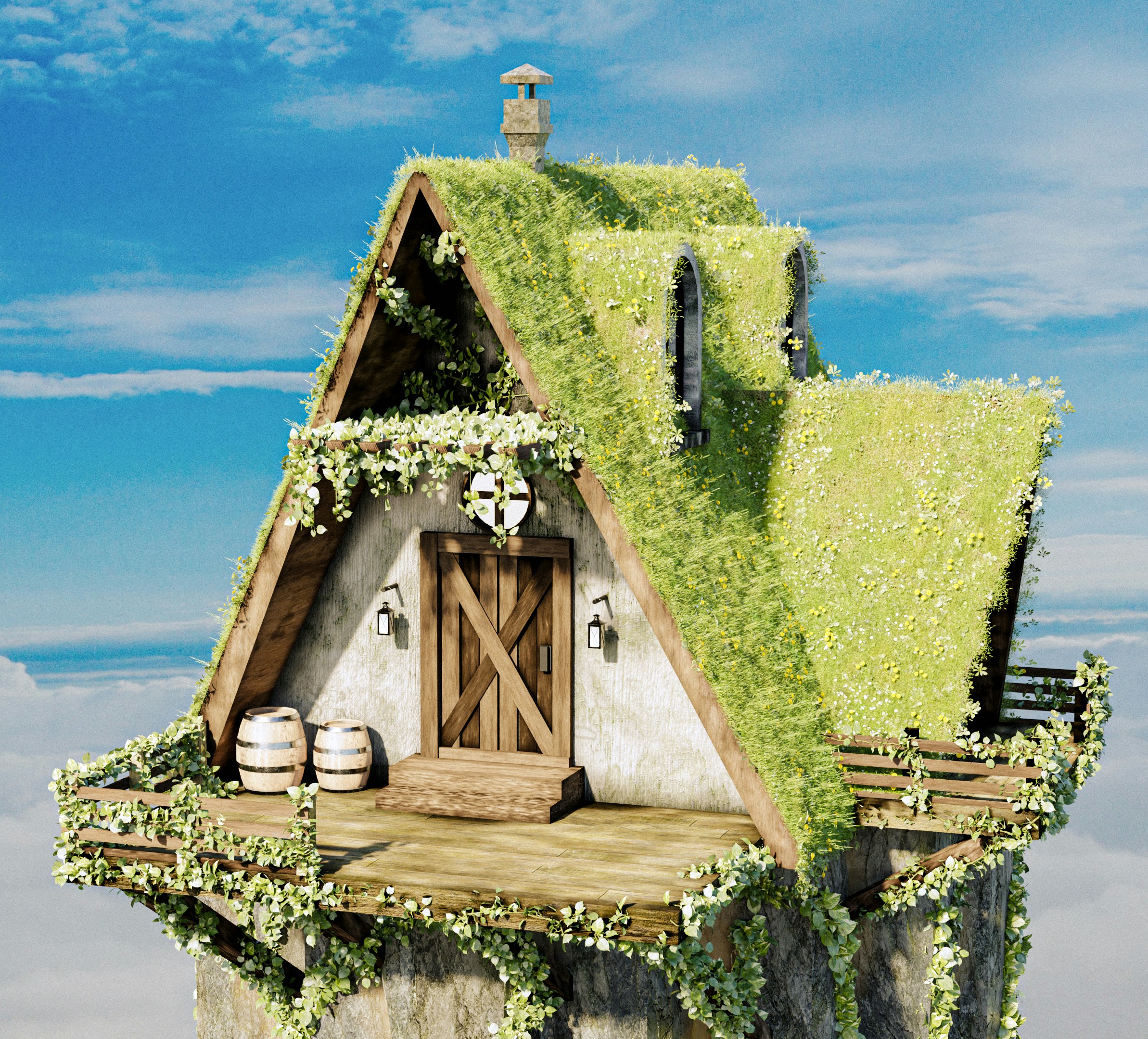 una casa con un tetto verde e una porta di legno