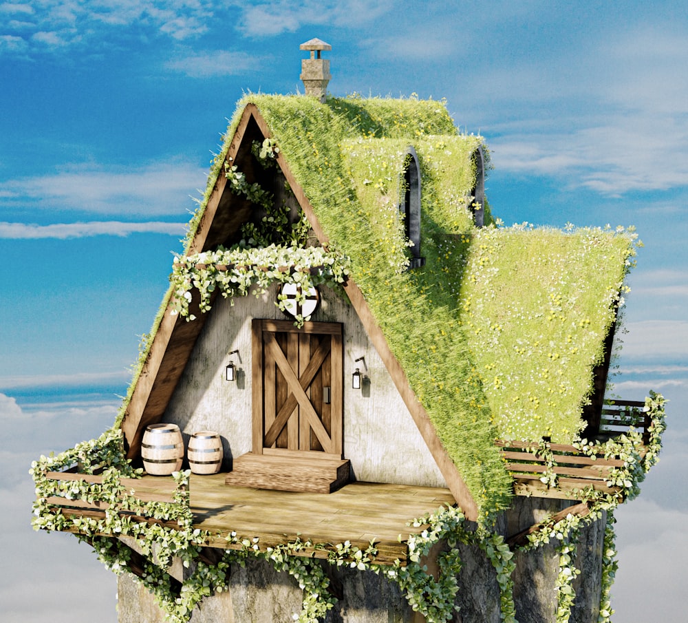 ein Haus mit einem grünen Dach und einer Holztür