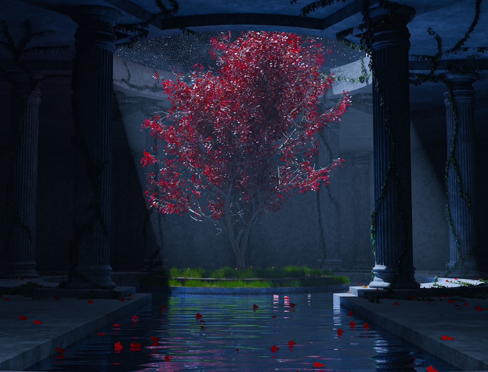 a red tree in the middle of a pool of water