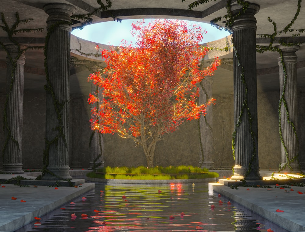 a tree with red leaves in a room with columns