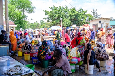 A busy outdoor market scene with numerous people gathered around. Many are seated on buckets, dressed in colorful clothing and headscarves. The setting includes market stalls with goods, and there is a lively interaction among the individuals present. Lush green trees provide a backdrop to the bustling atmosphere.