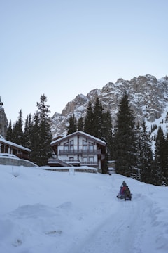 A snowy landscape features a wooden cabin with a steep, triangular roof nestled among tall evergreen trees. In the foreground, two people ride a snowmobile along a snow-covered path leading to the cabin. Towering, rugged mountains rise in the background, partially covered with snow.