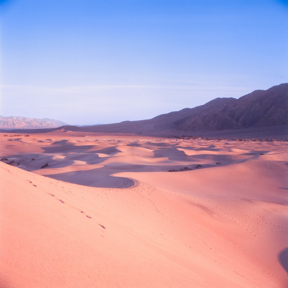 a desert landscape with sand dunes and mountains in the background