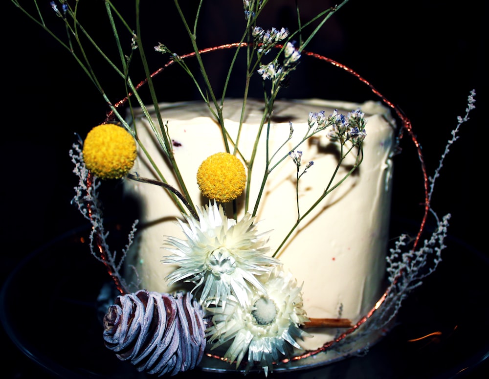 a close up of a cake with flowers on it