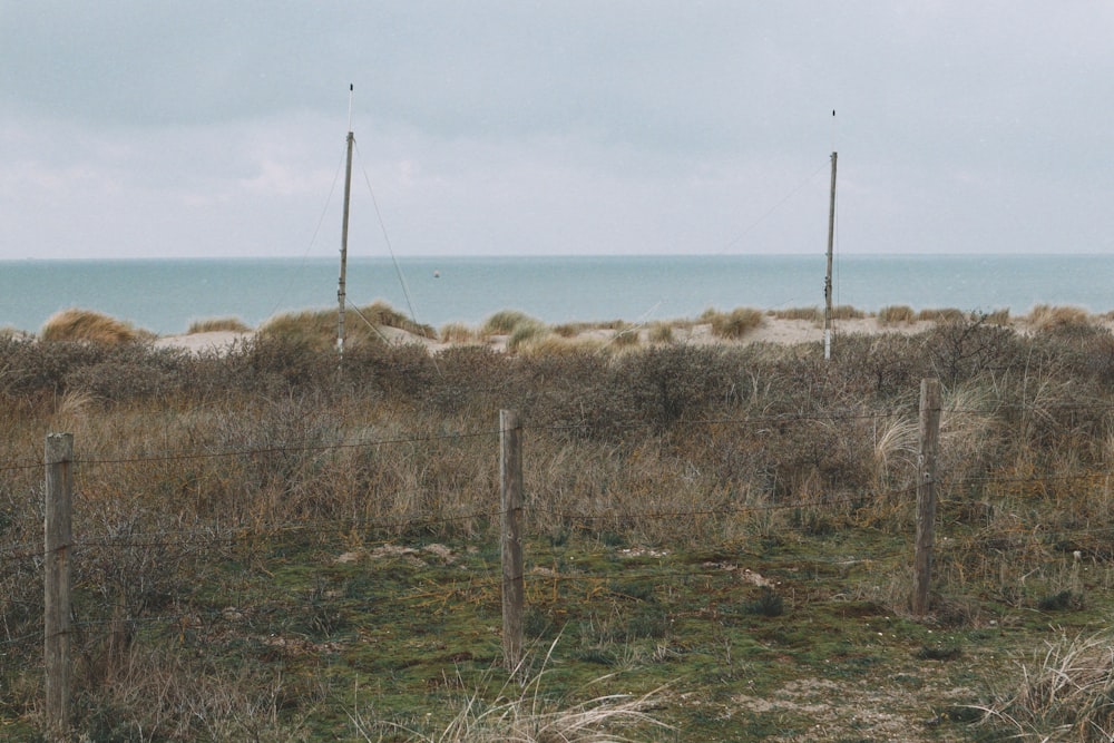 a field with a fence and a body of water in the background