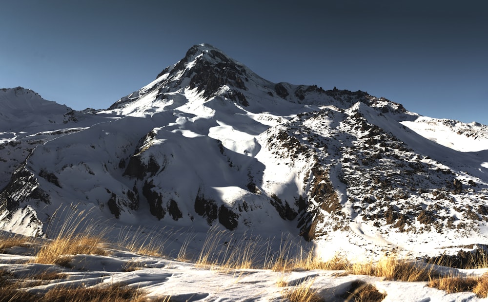 a mountain covered in snow and grass under a blue sky