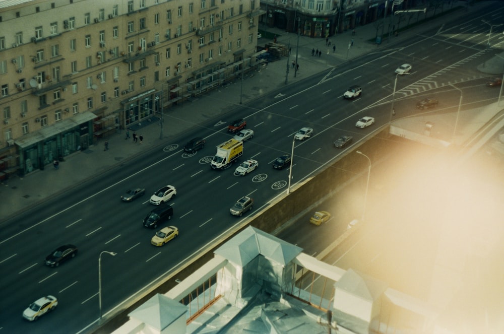 a view of a city street from a window