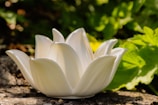 A white, ceramic lotus flower-shaped candle holder sits on a textured stone surface. The background is lush with green leaves and soft-focus natural sunlight, creating a serene and peaceful ambiance.