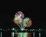 a fireworks display in the night sky over a body of water