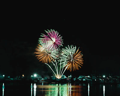 a fireworks display in the night sky over a body of water