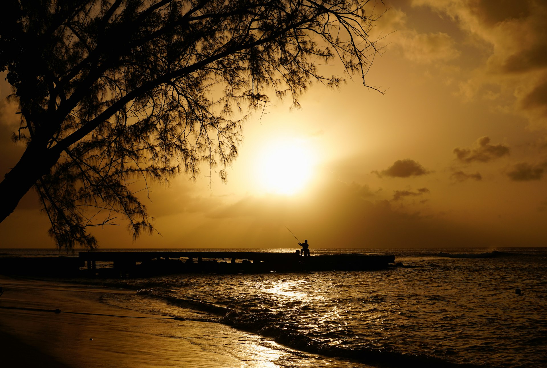 Ambiance sereine d un coucher de soleil avec un pêcheur sur la jetée de Cobblers Cove