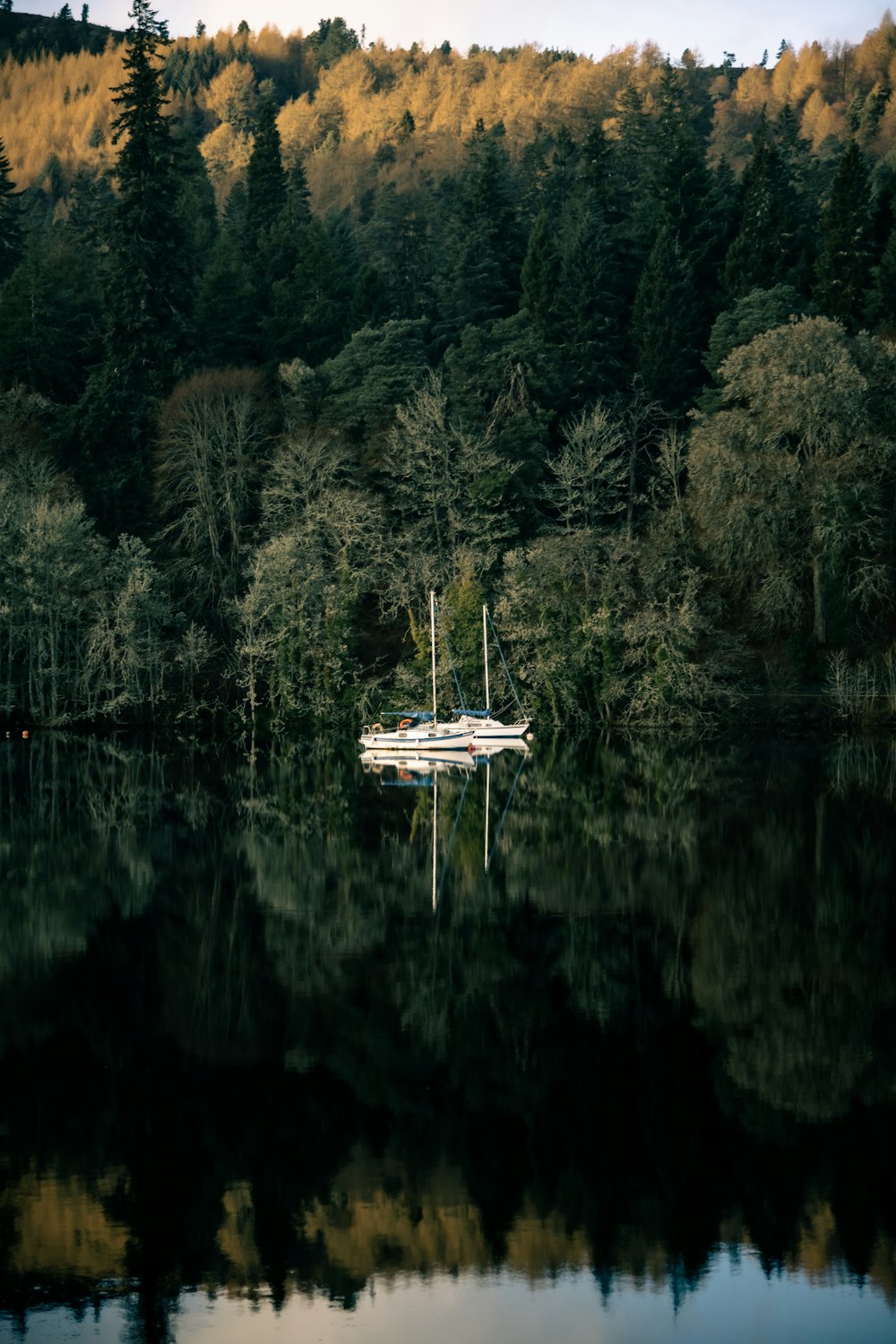 a boat is sitting in the middle of a lake