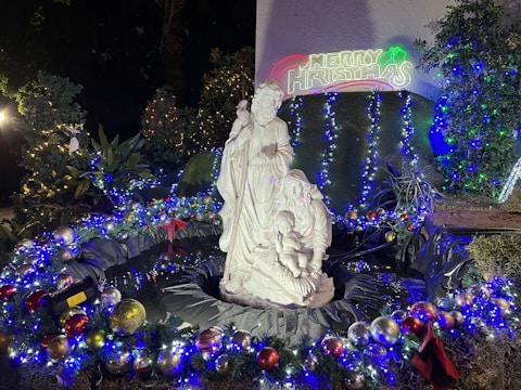 The Church of the Nativity in Bethlehem surrounded by festive decorations.