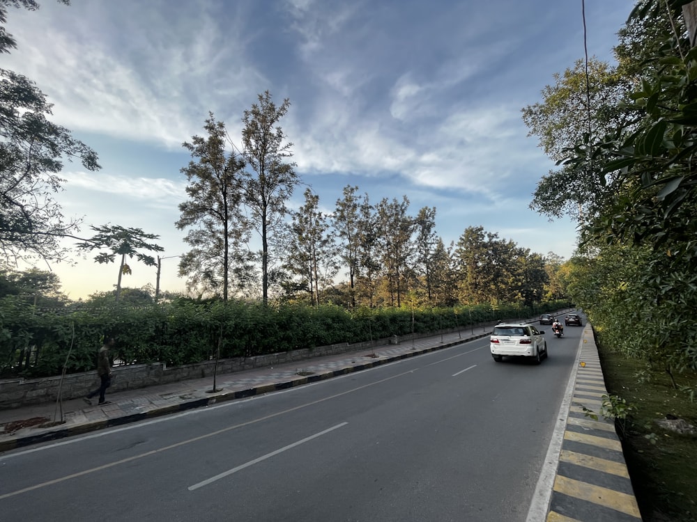 a car driving down a street next to a forest