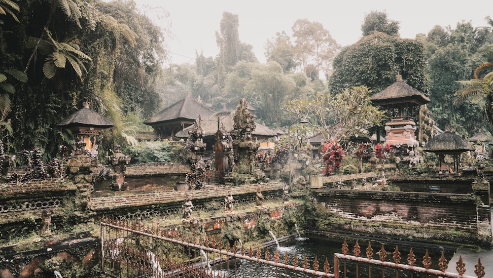 a group of buildings in the middle of a forest