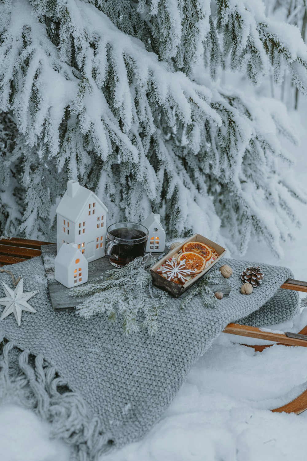 a tray of food sitting on top of a blanket in the snow