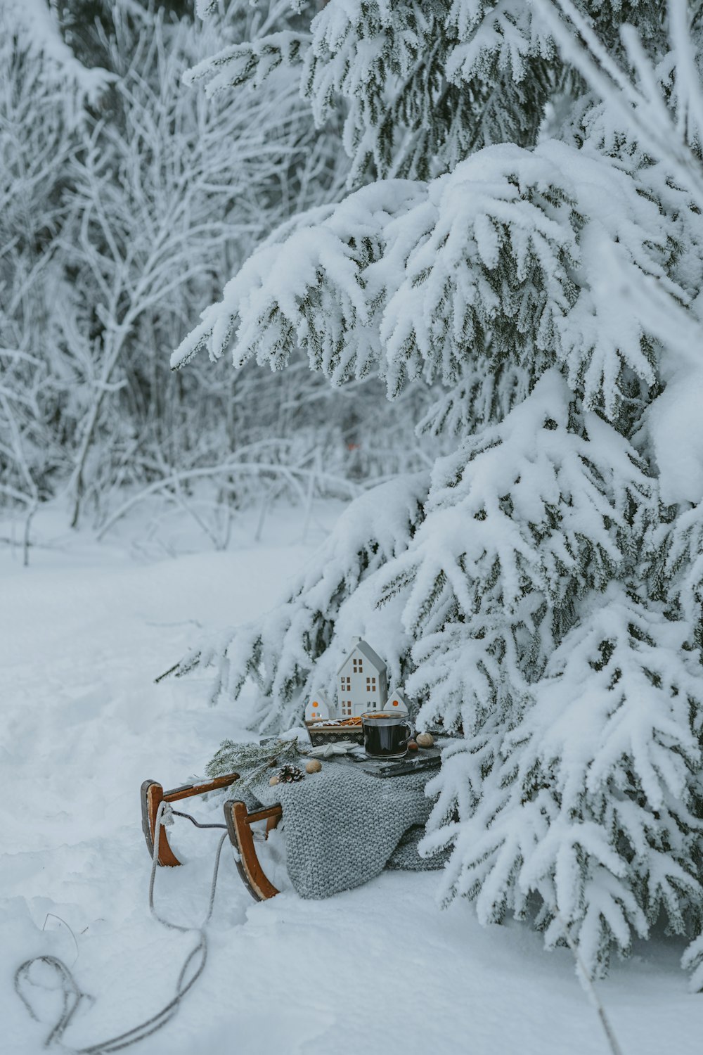 a sled with a house on top of it in the snow