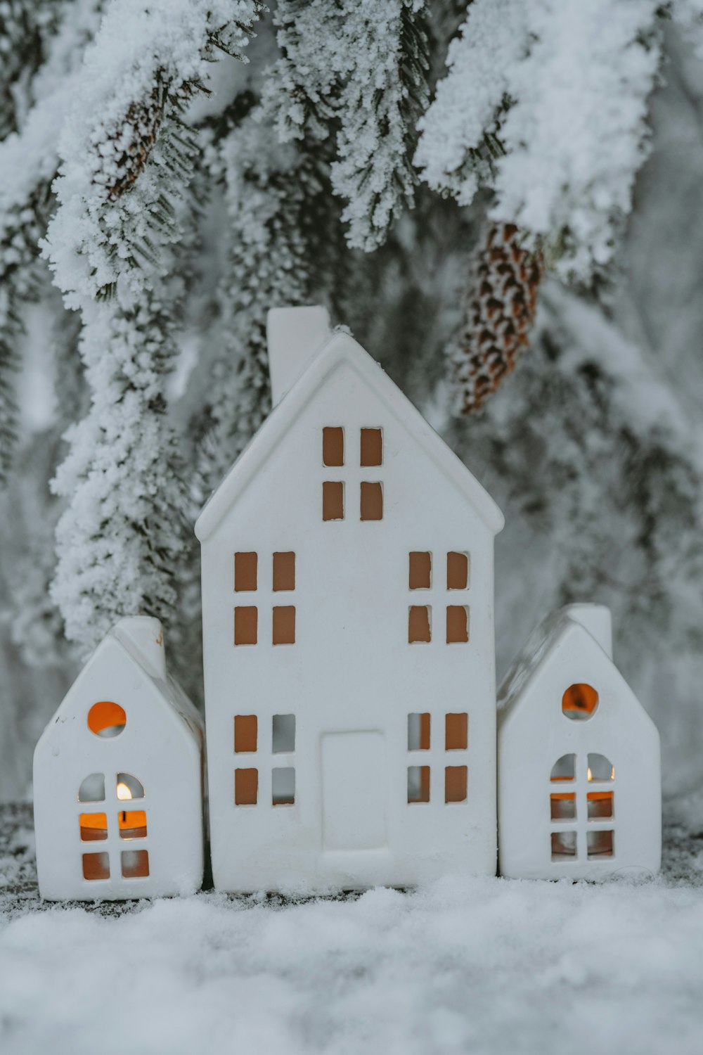 a small white house sitting in front of a snow covered tree