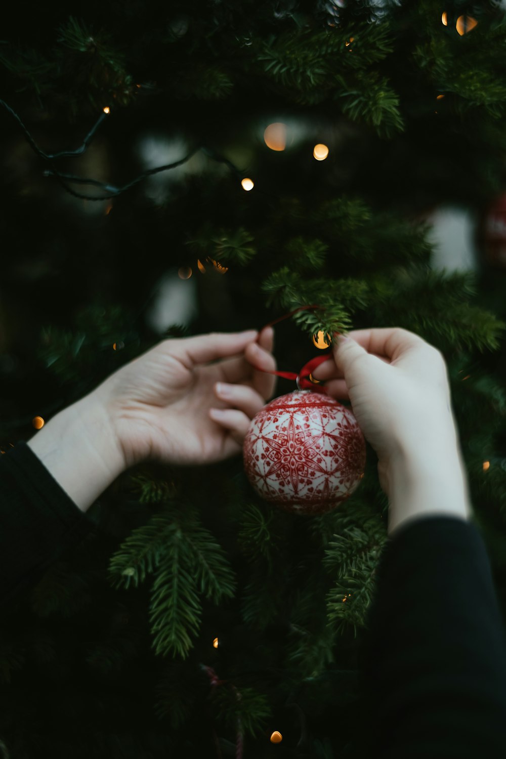 duas mãos segurando um enfeite de Natal na frente de uma árvore de Natal