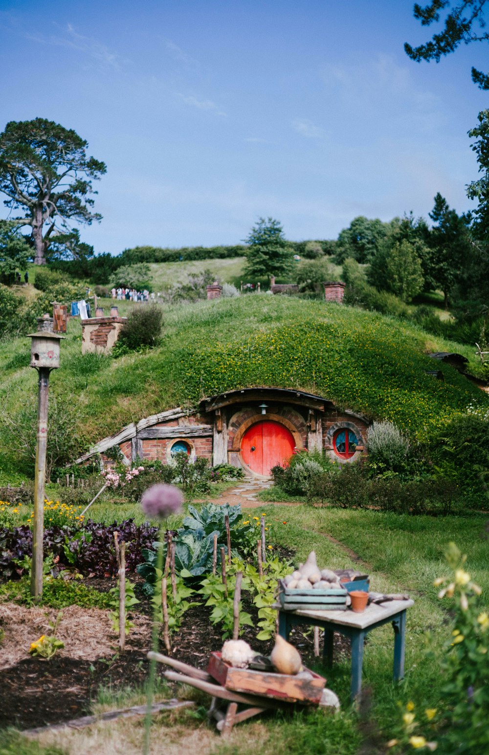 a hobbot house with a red door surrounded by greenery