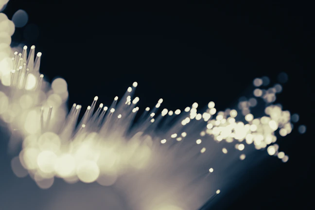 Close-up of fiber optic cables neatly arranged and glowing softly.