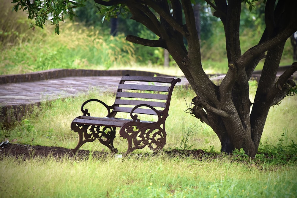 a wooden bench sitting next to a tree