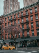 A bustling urban street scene featuring a red brick building with multiple floors and black metal fire escapes. The ground floor hosts various shops including a deli and liquor store. A yellow taxi is driving past along a tree-lined avenue, and high-rise buildings tower in the background under a cloudy sky.