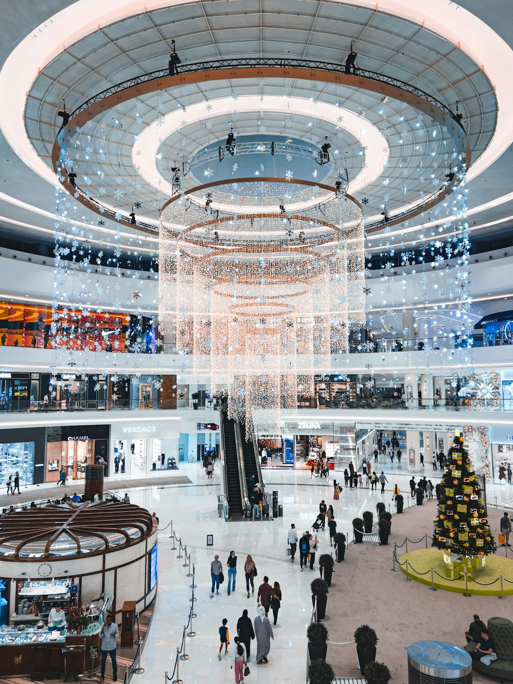 a group of people walking around a mall