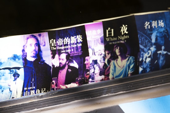 A row of book covers displayed with various designs and colors, featuring titles in multiple languages. Some covers show portraits of people in historical or dramatic settings.