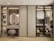A modern and organized wardrobe with sliding doors, featuring a section with neatly hung shirts and a second section with folded clothes and boxes. To the left, there is a built-in vanity area with a circular mirror, small vanity table, and an elegant stool with woven fabric. The shelves contain handbags, shoes, and decor items. Soft lighting illuminates the space, highlighting the minimalist design.