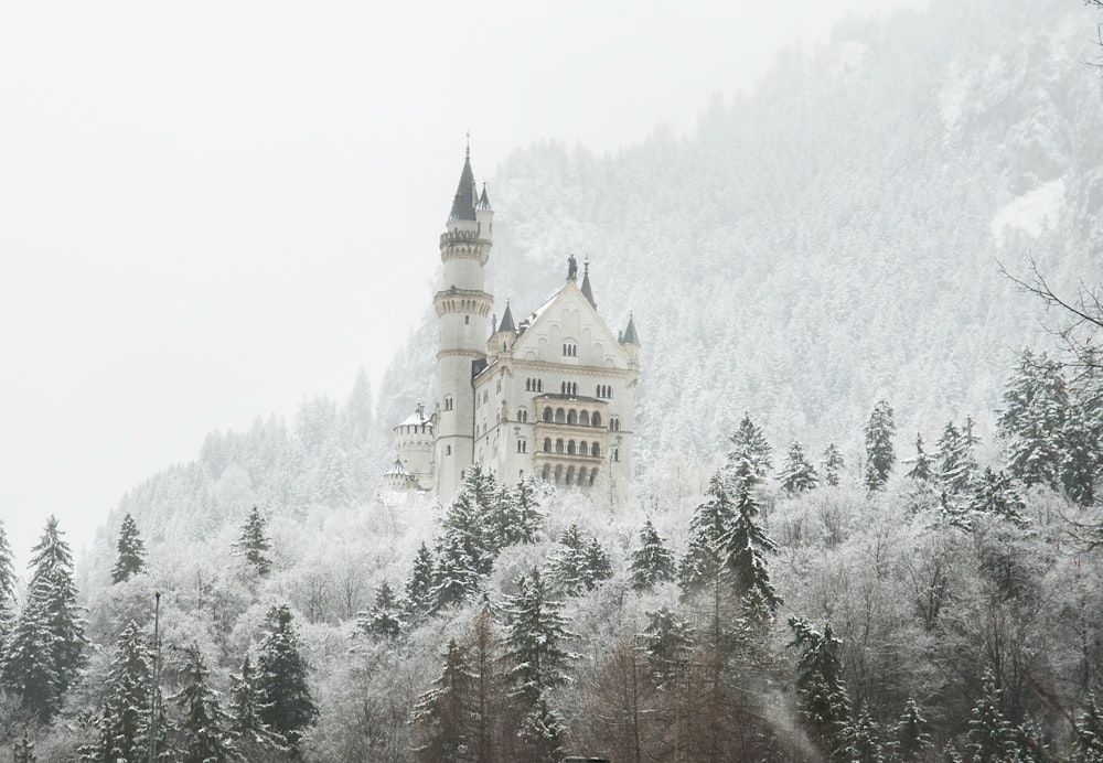 Ein Schloss inmitten eines verschneiten Waldes