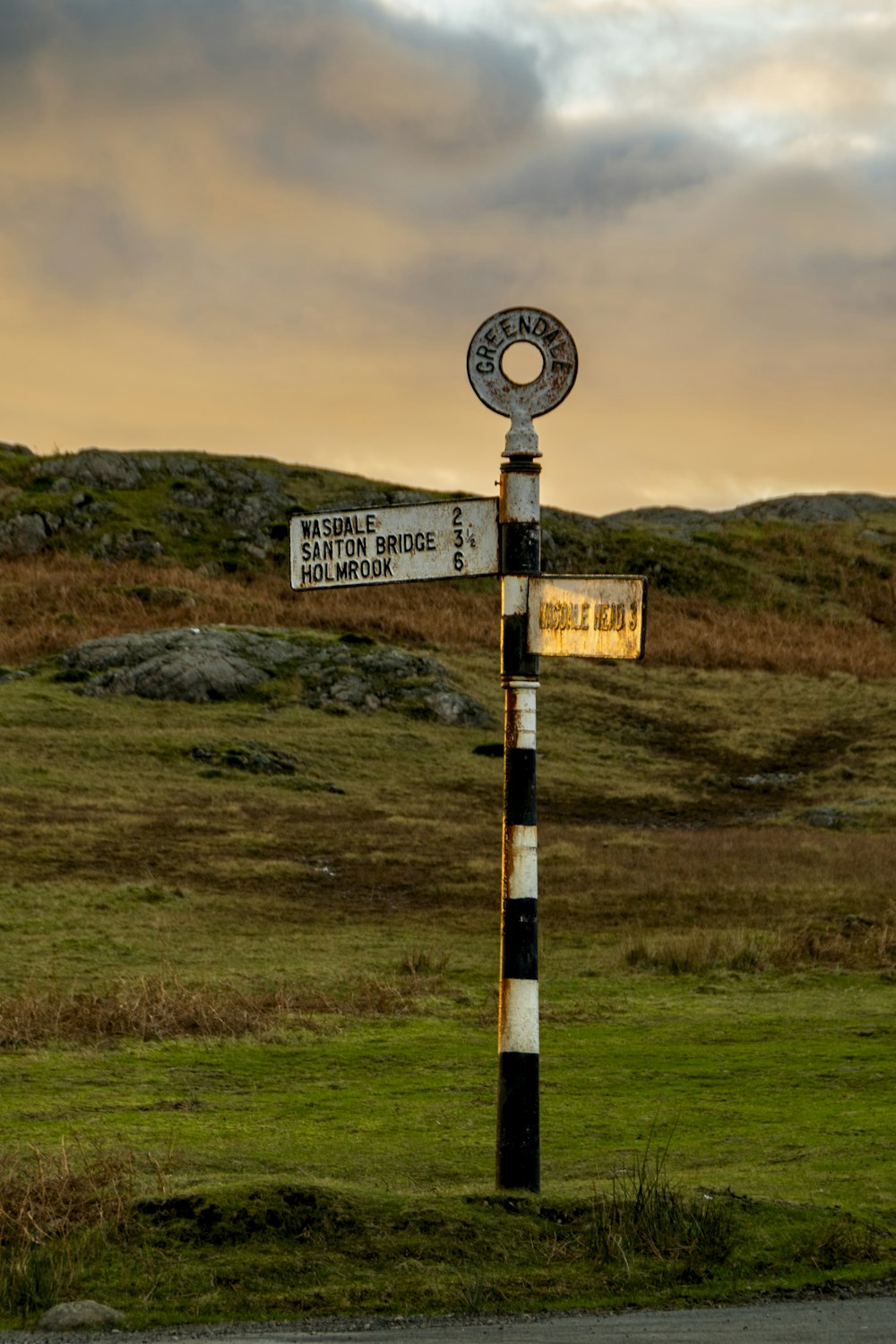 a street sign on a pole in a grassy field